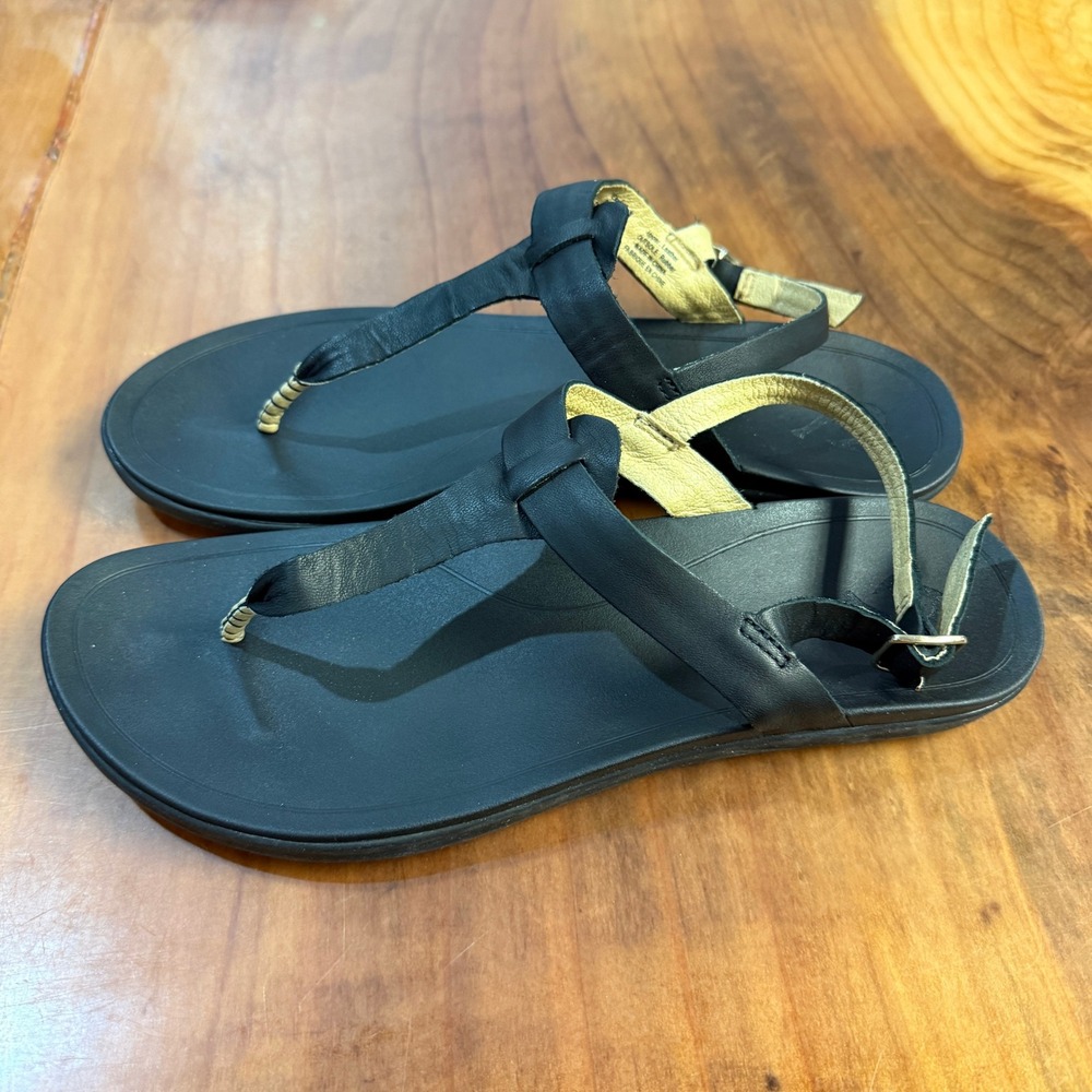 Olukai Thong Ekekeu Sandals 11 Leather Flat Heel Slip On Buckle Shoe Water Black